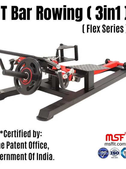 Our patented 3-in-1 T-Bar Rowing machine from the Flex Series, certified for its unique and versatile design.