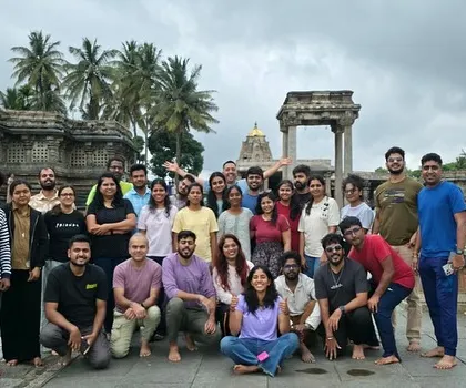 A group photo in front of the beautiful Chennakeshava Temple. Our heritage treks combine history, art, and nature.