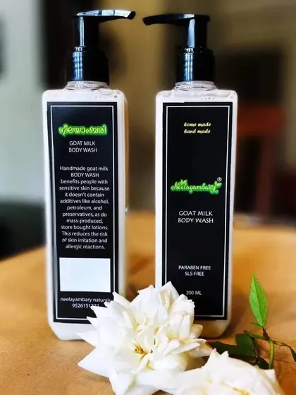 Our Goat Milk Body Wash, standing proud. It's handmade and free from SLS and parabens. The label explains how it benefits sensitive skin because it doesn't contain harsh additives like store-bought lotions.