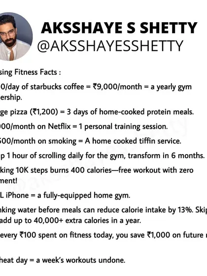 Here are some surprising fitness facts. A daily Starbucks coffee could pay for a yearly gym membership. One large pizza has the same calories as three days of home-cooked protein meals. Your choices matter.
