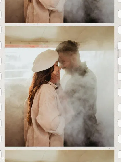 A dreamy, intimate moment inside the vintage van, with smoke creating a soft, romantic haze. This shot has a beautiful, film-like quality.
