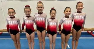 A group of our compulsory team gymnasts looking ready to compete at the H-Town meet.