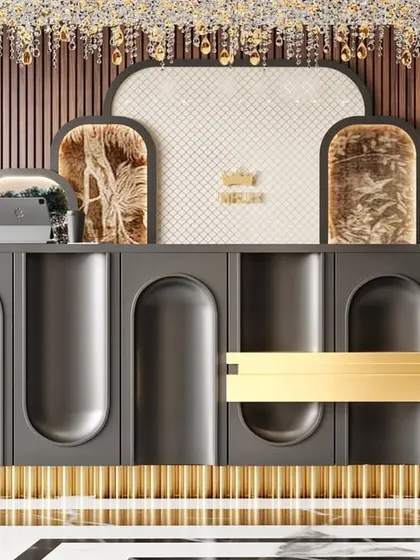A detailed close-up of the bespoke reception desk from the jewellery showroom project. This render highlights the fine details of the design, from the fluted base to the combination of matte and metallic finishes.