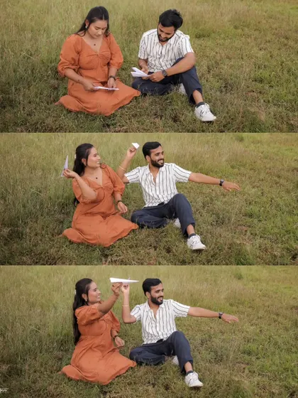 A sweet and candid collage of Prem and Jinal sitting in the grass, making and playing with paper planes. These shots capture a simple, intimate activity that reflects their shared joy.