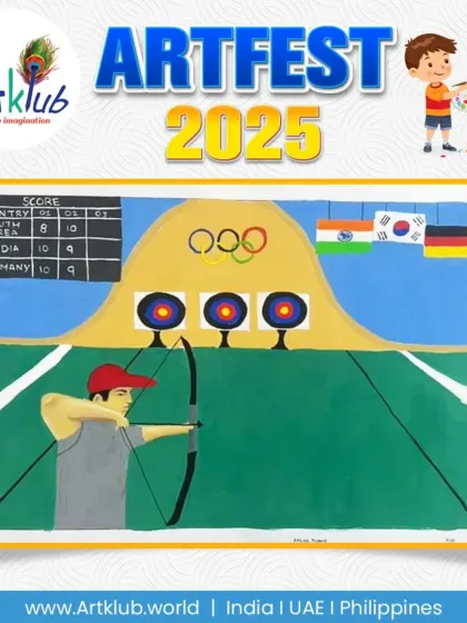 A detailed and precise artwork depicting an archery competition. This senior category submission shows an archer aiming for the bullseye, with the Olympic rings and international flags in the background.