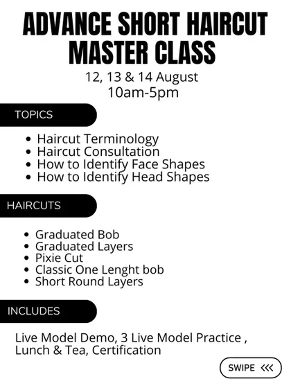 A detailed look at our Advanced Short Haircut Masterclass. We cover haircut terminology, face shape analysis, and five different short haircuts including the graduated bob, pixie cut, and classic one-length bob.