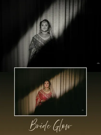 A creative play of light and shadow in this bridal portrait. The collage shows both the color and black and white versions, highlighting her glowing presence.