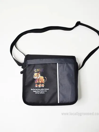 A custom sling bag with a unique printed design for our client Lineage. This shows our capability to go beyond simple logos for full customization.