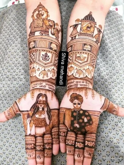 A fun and modern take on bridal mehendi, with the bride and groom wearing sunglasses. The design also includes traditional doli and baraat scenes.
