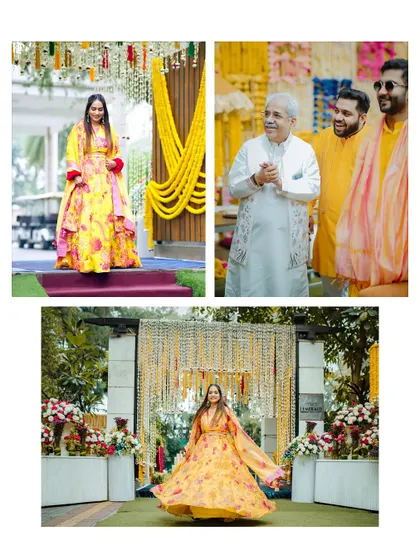A collage showing the bride's beautiful entrance and twirl at her Haldi ceremony, as well as the groom's happy reaction.