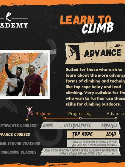 Our 'Advance' courses are designed for climbers who want to learn technical skills like top rope belay and lead climbing, perfect for transitioning to outdoor climbing.