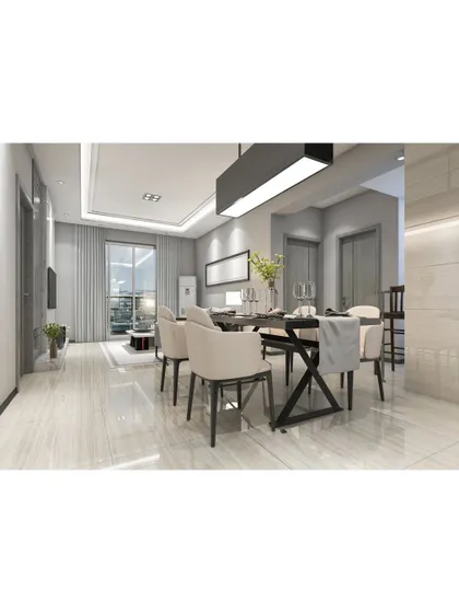 A serene and minimalist dining space. The light wood floors, simple dining set, and large windows create a bright and airy atmosphere that is both calming and stylish.