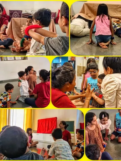 A collage showing the many facets of our summer camp: free play, art, puppet making, and storytelling. We believe in holistic development through creative expression.