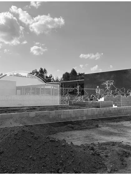 A work-in-progress photo of the Samavana wedding venue, overlaid with a line drawing of the final design. This visual illustrates the journey from a raw construction site to a finished architectural space.