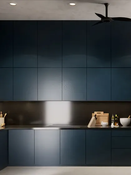 A render for a minimalist kitchen with sleek, handleless deep blue cabinetry. The dark, moody palette creates a sophisticated and modern aesthetic.