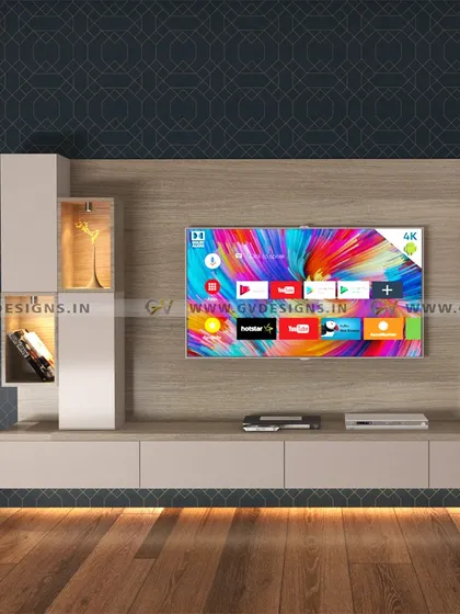This floating TV unit adds a modern and sleek touch to the bedroom. It features semi-tall storage units on the sides with surface spotlights, and scale lights on a rafter above to create a soft, ambient glow.