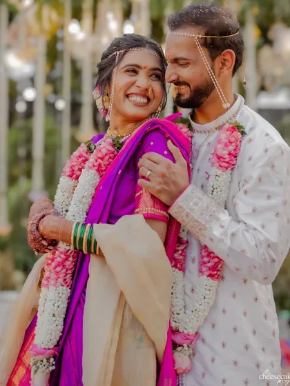 A beautiful, happy portrait of the Maharashtrian couple after their wedding rituals.