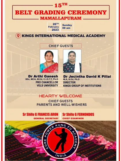 The official poster for our 15th Belt Grading Ceremony in Mamallapuram, welcoming chief guests, parents, and well-wishers to celebrate our students' achievements.