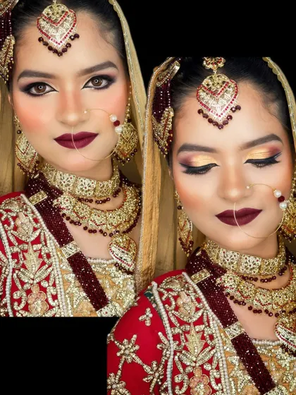 A dual view of this magnificent bridal look, showing the artistry from both a direct and a side profile. The golden shimmer on the eyes catches the light beautifully, while the matte maroon lip provides a classic, regal finish.