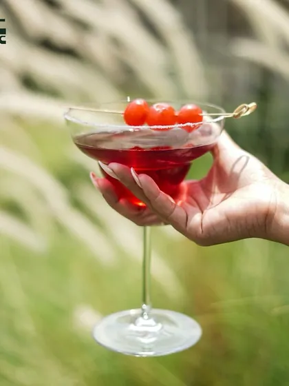 A beautiful red cocktail held against a backdrop of tall, wispy grass, capturing the essence of drinking in nature.