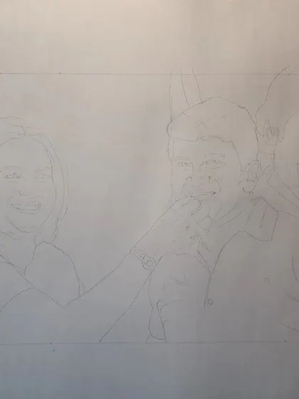 The initial grid and outline for the complex three-person composite portrait.