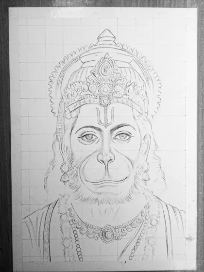 The complete line art for the Lord Hanuman portrait, done using the grid method. This is the foundational step before any shading begins.