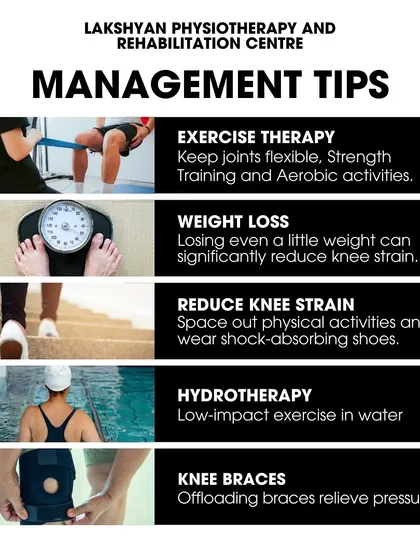 We offer several effective management tips for knee osteoarthritis. Our strategies include exercise therapy, weight management, hydrotherapy in our Olympic-standard pool, and the use of knee braces to reduce strain and relieve pressure.