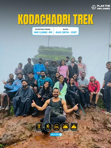 A happy group photo at the summit of Kodachadri. The smiles say it all. This trek is a journey of endurance, friendship, and incredible views.
