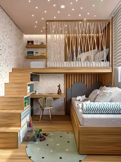 A beautiful loft bed design that incorporates a desk and storage into a single unit. The stairs feature built-in cubbies for toys and books, and the rope-like partition adds a unique, decorative element.
