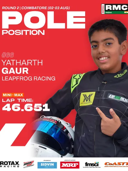 Yatharth Gaur of Leapfrog Racing claims pole position in the Mini Max class at Round 2.