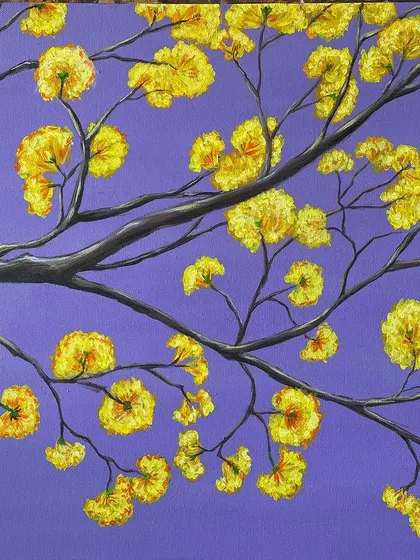 A celebration of Bengaluru's spring, this painting 'Yellove' features the Golden Trumpet tree. The vibrant yellow flowers against a purple sky create a striking contrast, capturing the city's fleeting but magical transformation.