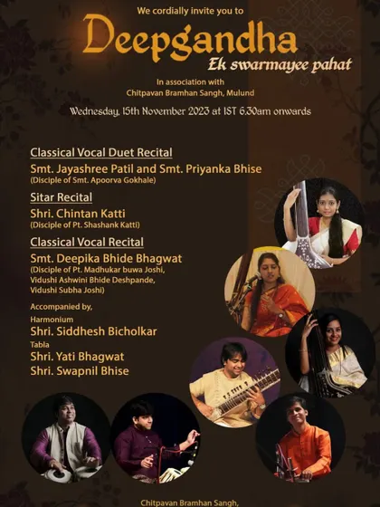 The flyer for 'Deepgandha', a morning concert series where I performed a solo sitar recital. I am often invited to perform for morning raag concerts.