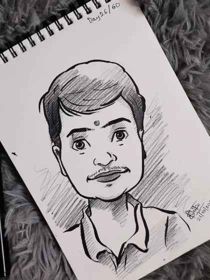A gentle and kind expression captured in this caricature sketch. The small details like the bindi add a personal touch.