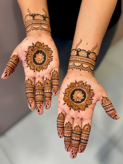A simple and elegant design with a lotus mandala on the palm and a matching lotus border on the wrist.