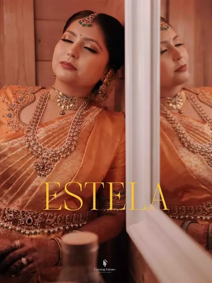 A serene portrait of the bride, titled "Estela," resting her head against a mirror.
