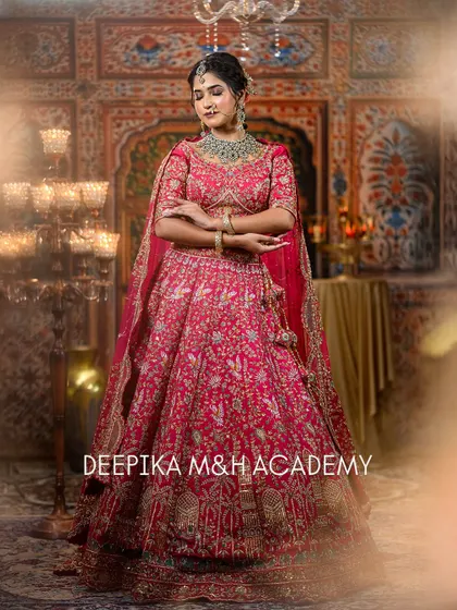 A full-length portrait of the bride, showcasing the entire look against a regal, festive backdrop. She looks like royalty.