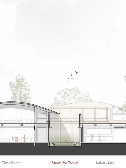 These architectural sections of Sparkrill International School illustrate how we designed shaded, street-like outdoor spaces. These areas inspire children to play and learn outdoors, with the scale and shadows of the buildings creating comfortable zones for recreation and work.