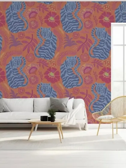 A colorful and artistic wallpaper with a repeating pattern of blue tigers and vibrant florals. This design is perfect for adding a bold, bohemian touch to a modern living space.