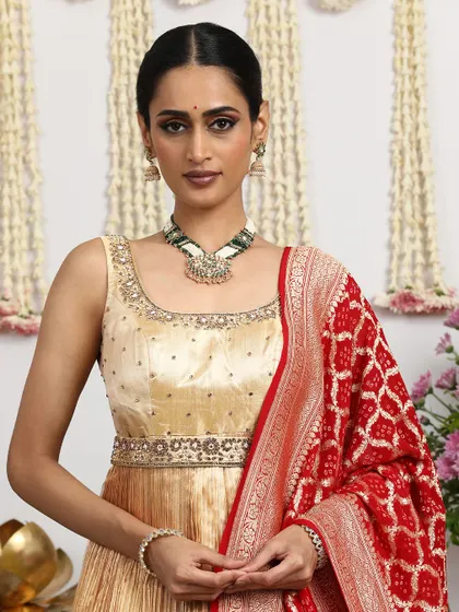 Another view of the gold blouse, showing its versatility and how it can be paired with different dupattas and jewelry.