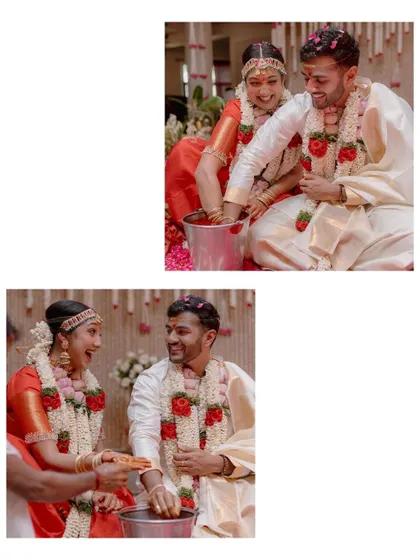 Fun and games during a South Indian wedding ceremony, as the couple playfully searches for a ring in a pot of water.