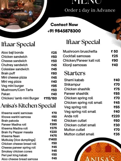 A detailed Iftaar special menu listing a wide variety of snacks and starters, from traditional Brain Puffs and Mutkulay to mini pizzas and sandwiches.