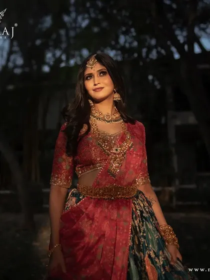 An artistic shot of the multi-colored banarasi lehenga, capturing its allure and gorgeousness.
