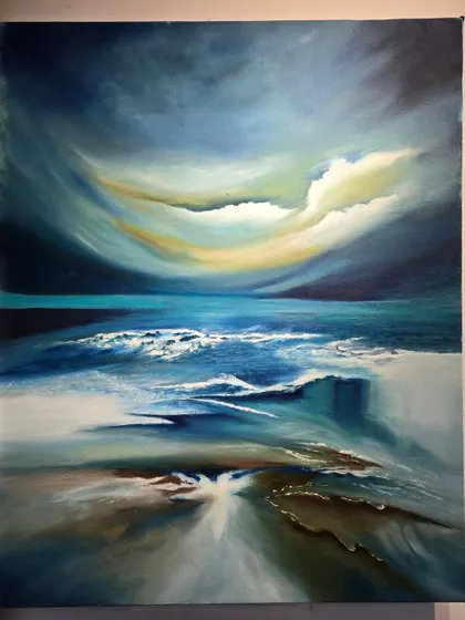 An abstract seascape capturing the dramatic movement of waves and clouds. The artist uses a blend of dark and light tones to create a powerful, emotional landscape that draws the viewer in.
