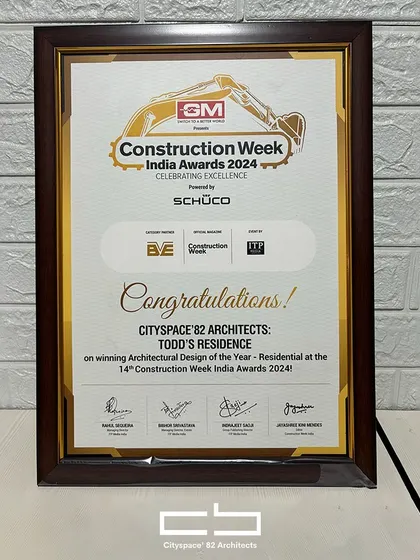 The official certificate for our "Architectural Design of the Year - Residential" award from Construction Week India Awards 2024. This highlights our commitment to creating distinguished residential spaces in modern Indian architecture.