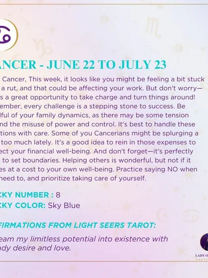 A weekly tarot prediction for Cancer. This week, it looks like you might be feeling a bit stuck or in a rut. This is a great opportunity to take charge and turn things around. It's perfectly okay to set boundaries and prioritize yourself.