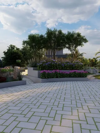 A serene corner from the Noida farmhouse 3D design. This view features a peaceful Buddha statue set amidst lush flower beds and trees, creating a tranquil spot for meditation.