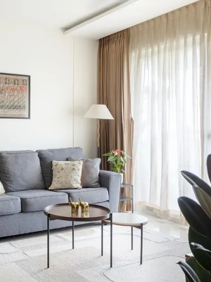 Another view of the grey sofa living room, with a large plant adding a touch of nature.