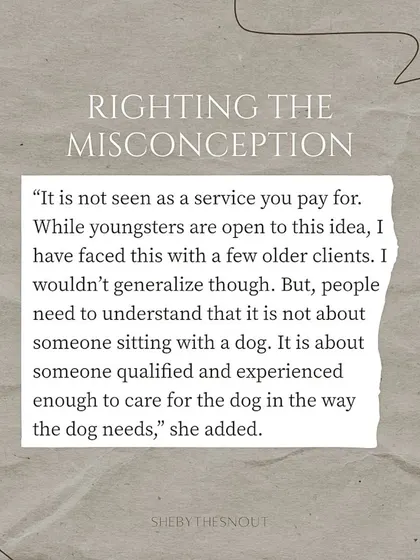 This quote explains a common misconception. Pet sitting isn't just about being with a dog; it's a professional service provided by someone qualified and experienced enough to care for the dog's specific needs.
