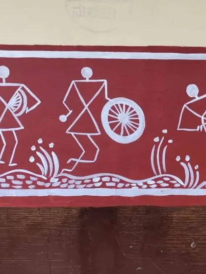 A scene of labor and movement from the school mural. It shows figures engaged in activities like farming and transport, including one pulling a cart and another carrying a wheel.