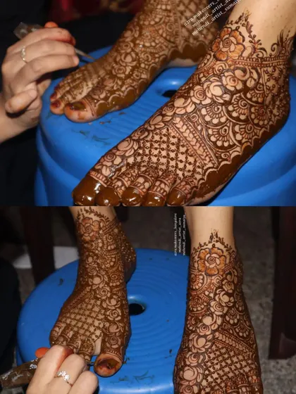 A collage showing the application process and the final look of this intricate bridal foot mehendi.